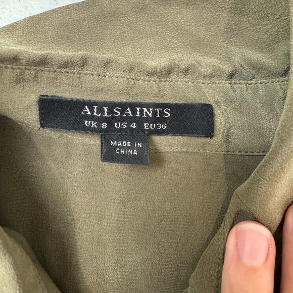 AllSaints Alex Shirt Dress Size US 4 Olive Green Long Sleeve Button Front Silk - Picture 10 of 15